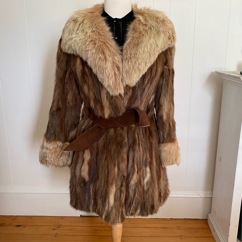 Vintage Mink Jacket Coat with Suede Tie Front Brown with Blond Collar & Cuffs